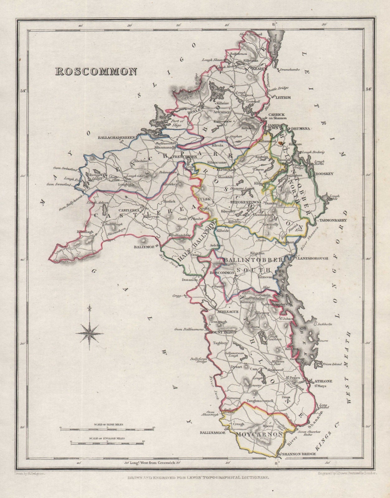 COUNTY ROSCOMMON antique map for LEWIS by CREIGHTON & DOWER. Ireland 1846